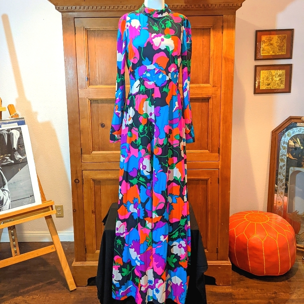 VTG 70's Psychedelic Dress Floor-length Long Sleeved Bright Florals Pucci Style - Picture 2 of 16